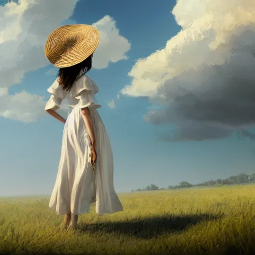 Image similar to girl in a white dress wearing sun straw hat looking at the bright blue sky with white sunny clouds digital art, highly detailed, intricate, by greg rutkowski, 8 k