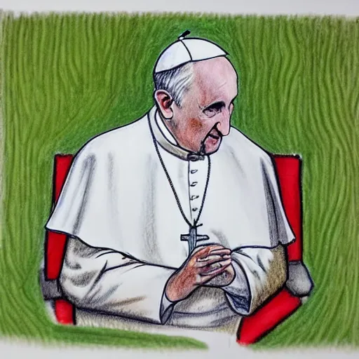 Image similar to The pope sitting on a toilet in the forest, crayon drawing