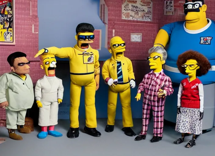 Image similar to still from a live - action tv show in the style of thunderbirds with marionette puppets, starring the characters of the simpsons in springfield. wooden puppets wearing clothing made of fabric. photographic ; realistic ; highly - detailed.