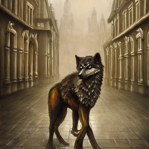 Prompt: terrifying ware wolf walking through the center of old london city, oil painting, gloomy misty atmosphere, symmetrical, full body image, highly ornate intricate details, very sharp photo,