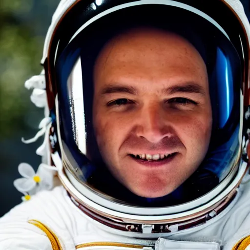 Image similar to a close up photo of an astronaut floating in space. his helmet visor is dark and reflective. you can see the reflection of flowers in his helmet visor.