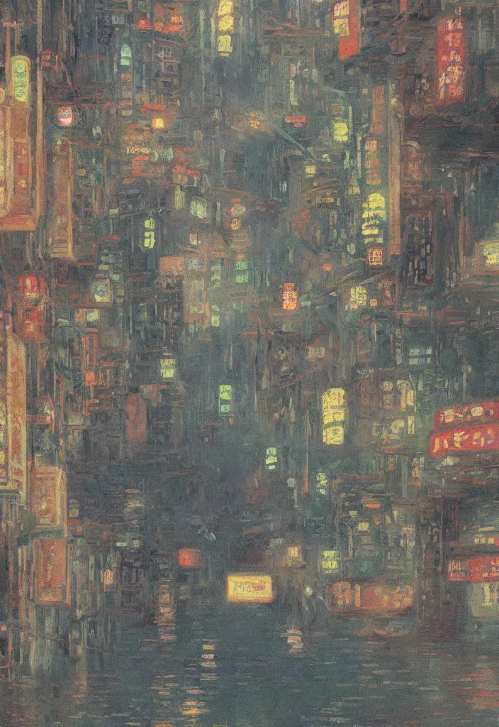 Image similar to a beautiful japanese city near the sea, ryokans and edo era houses, cyberpunk, lofi vibe, oil painting in impressionist style, by monet, by makoto shinkai, multiple brush strokes, inspired by ghibli, masterpiece