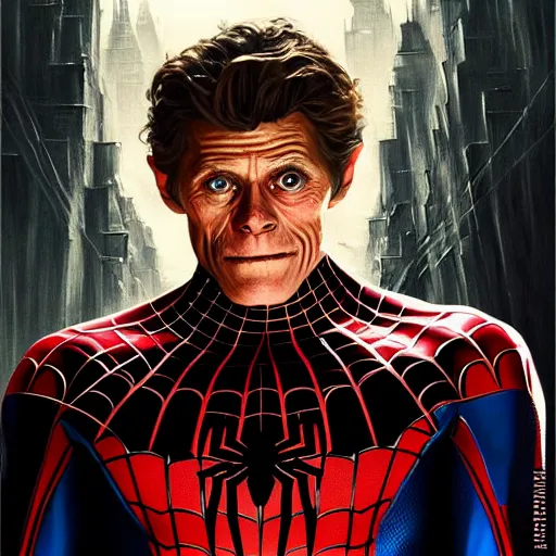 Image similar to handsome Willem Dafoe as Spider-Man, western, D&D, fantasy, intricate, elegant, highly detailed, digital painting, artstation, concept art, matte, sharp focus, illustration, art by Artgerm and Greg Rutkowski and Alphonse Mucha