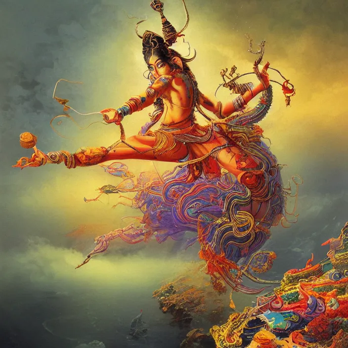 Prompt: One many-armed Shiva. Background in colorful patterns. High detail, hyperrealism, masterpiece, solo, rich deep colors, realistic, art by Yoshitaka Amano, Ivan Aivazovsky