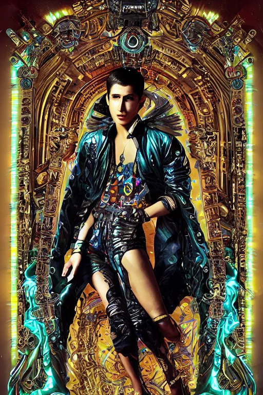 Image similar to full-body bladerunner style sculpture of a young handsome Latino prince as a half cibernetic android with a chest opening exposing circuitry and electric sparks, glowing laser beam eyes, crown of giant diamonds, flowing neon-colored silk, fabric, raptors. baroque elements. full-length view. baroque element. intricate artwork by caravaggio. many many birds birds on background. Trending on artstation, octane render, cinematic lighting from the right, hyper realism, octane render, 8k, depth of field, 3D