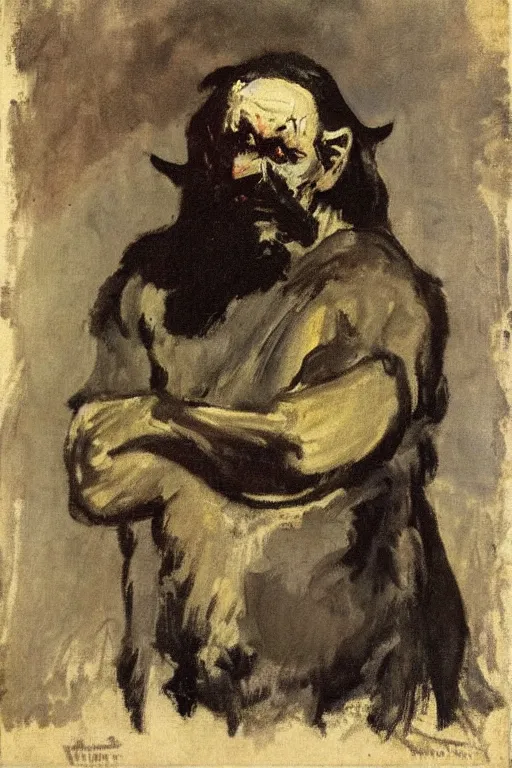 Image similar to portrait of a grumpy orc barbarian by walter sickert, john singer sargent, and william open