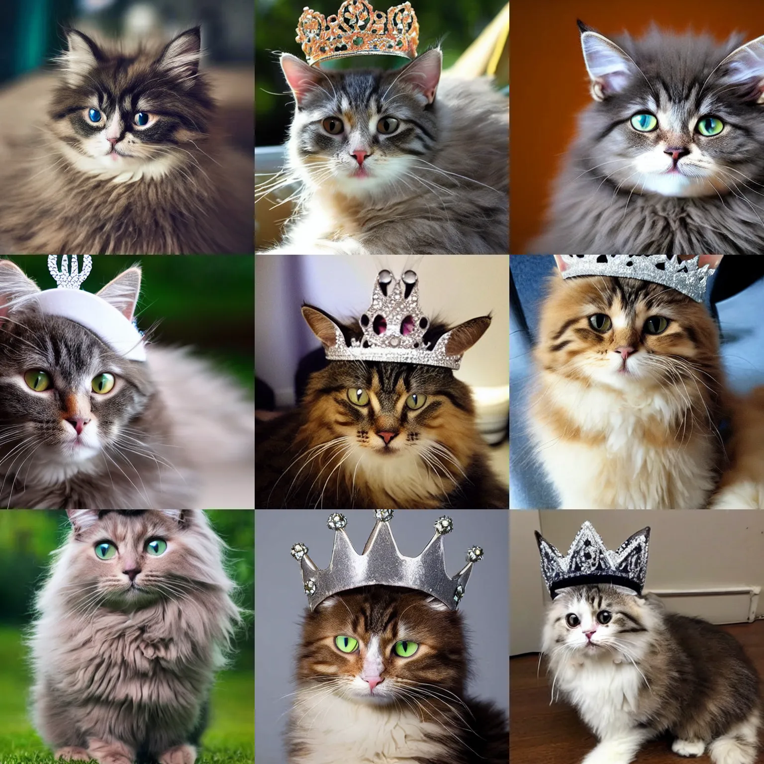 Prompt: photo of a very cute, fluffy cat wearing a crown on its head