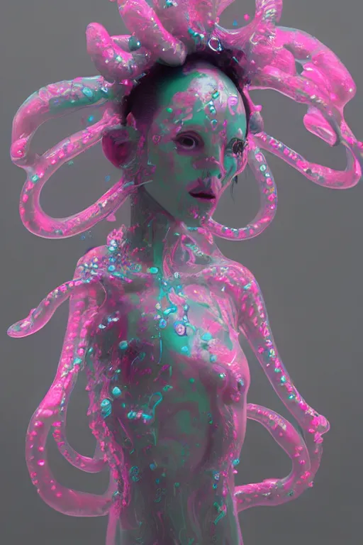 Prompt: epic 3 d abstract model, liquid headdress, 2 0 mm, with pastel pink and cerulean squirming bubbles, melting smoothly into other faces, liquid, delicate, beautiful, intricate, houdini sidefx, trending on artstation, by jeremy mann and ilya kuvshinov, jamie hewlett and ayami kojima