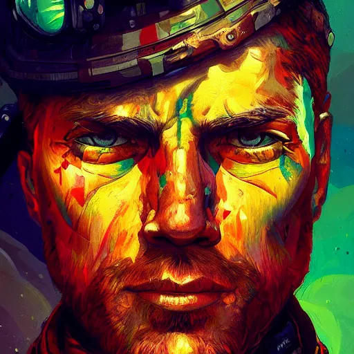 Prompt: Rugged soldier, colorful, surreal, dramatic lighting, face, upper body, detailed, intricate, elegant, highly detailed, digital painting, artstation, concept art, smooth, sharp focus, illustration, art by Sam Spratt, Dan Mumford, Artem Demura and Alphonse Mucha