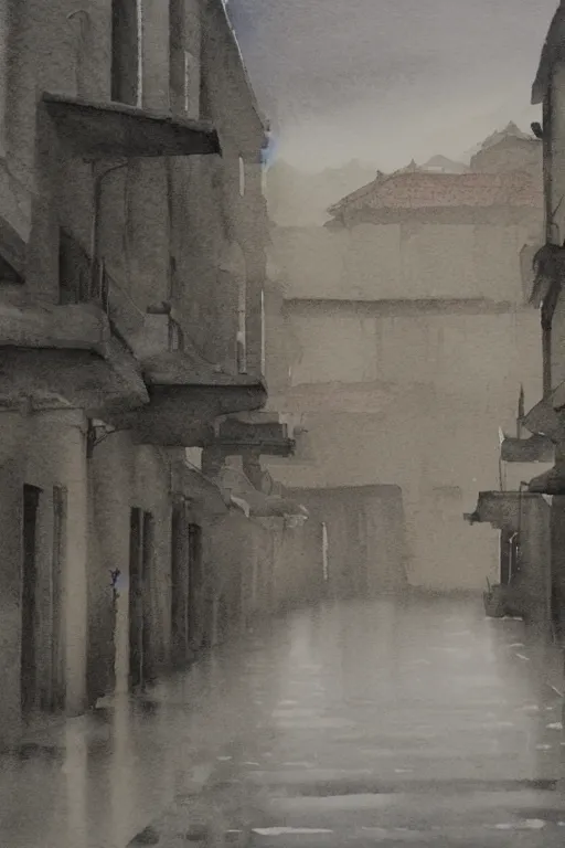 Prompt: A watercolor of Wukang Mansion, a deserted street after rain, cloudy overcast sky, poignant, high contrast of light and dark, smooth, by Joseph Zbikowicz, 8k