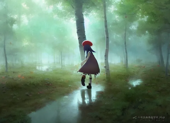 Prompt: a cute humanoid mushroom creature, her feet covered in mud, walking around a large aspen forest, fog, atmospheric lighting, by makoto shinkai an krenz cushart