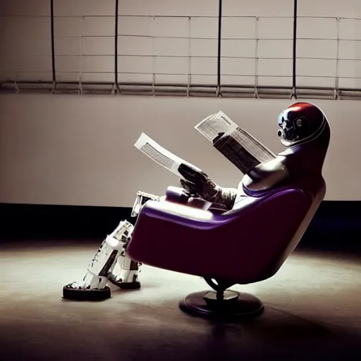 Prompt: Against a white cyc (white cyclorama backdrop) futuristic studious matte brown and red and chrome full-body humanoid robot with two huge round expressive sad purple glowing LED eyes and open rectangular mouth sitting on a large comfortable cushioned 1950s vintage recliner reading a newspaper. open newspaper. full shot Cinematic Movie Photograph, Arri Alexa, Extremely Detailed, smooth, very very clean, white cyc, white background, 8K, octane render, maya render, unreal engine, trending on artstation, DSLR, excellent composition, center frame