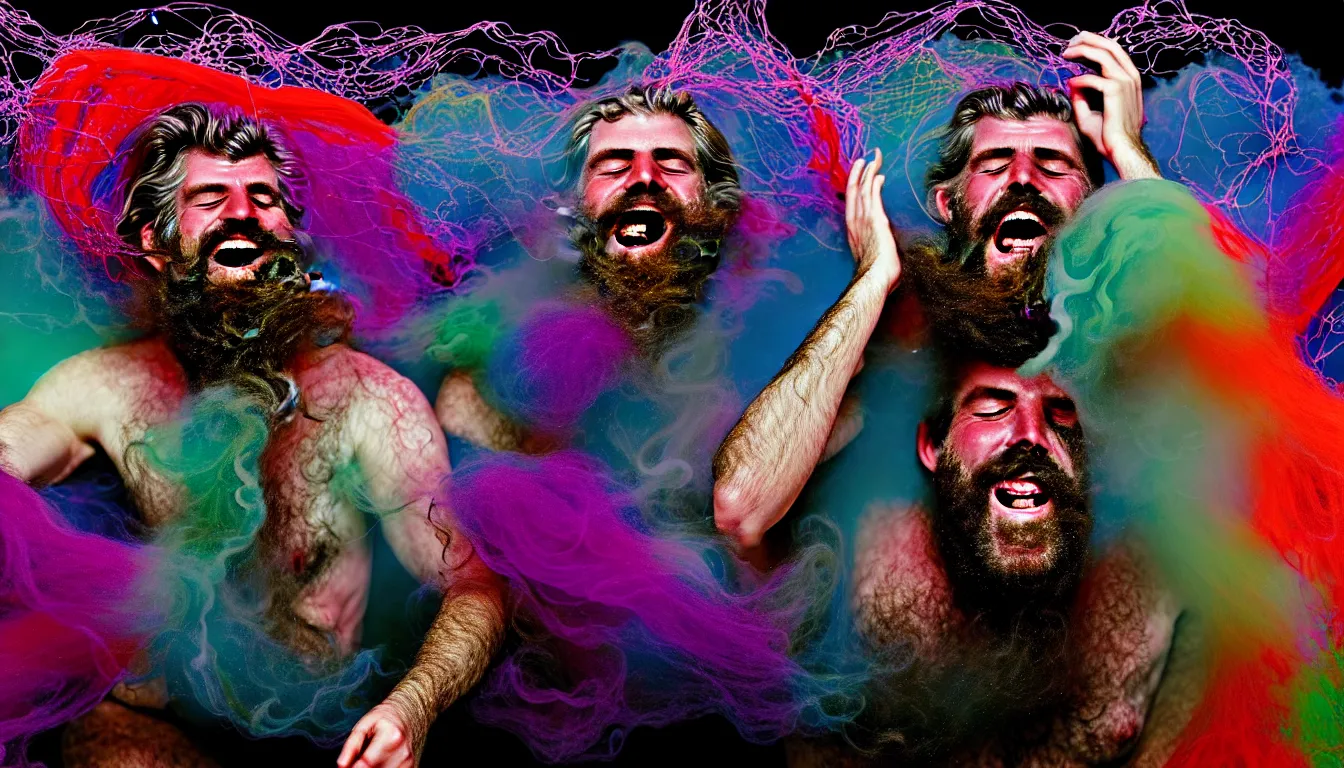 Prompt: in the style of Cam Kennedy , detailed entangled fibres ,volumetric lighting, twisting vapour, bellowing dust ,flowing shimmering fabrics, emerging hands and an ancient male bearded face , Hundreds of humans , emerging hands and beautiful women’s and men screaming laughing and crying face , full colour , upscale , 4k