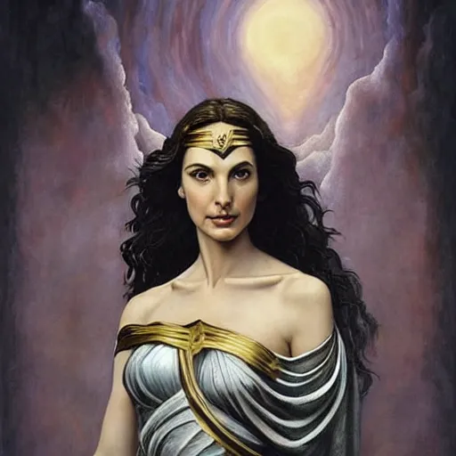 Image similar to Full body oil painting of the beautiful goddess Gal Gadot, she is wearing a peplos and a surreal ornate, her hair is natural disheveled, she is approaching heaven over the clouds, naturalism, dramatic lighting, high-detailed oil painting by Ilya Repin, Michelangelo da Caravaggio, William Blake, Alex Grey and Beksinski, trending on Artsation, hystorical painting, naturalism, masterpiece, 4k, 8k,