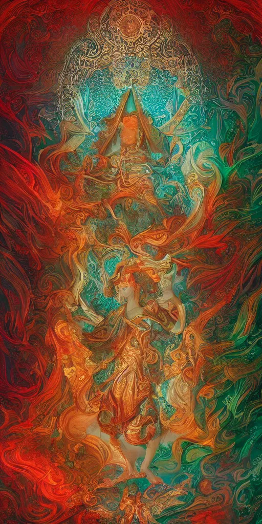 Image similar to ai dreams of god. baroque, deep focus, fantasy, intricate, elegant, highly detailed, digital painting, artstation, sharp focus, illustration. scarlet - green and mustard - indigo and azure - orange and white color scheme.