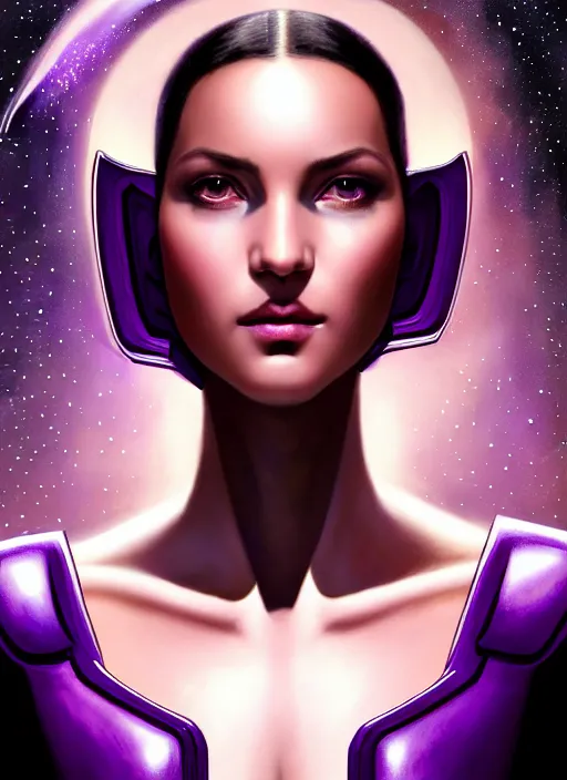 Image similar to close up, beautiful portrait of a woman in purple leather future armor with a long black ponytail, with space and stars around her, spaceship hallway, intricate, elegant, mood lighting, highly detailed, digital painting, artstation, concept art, smooth, sharp focus, illustration, art by wlop, mars ravelo and greg rutkowski