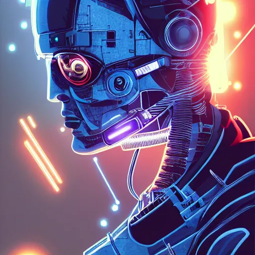 Image similar to Male cyborg, battle-damaged, wearing facemask, youthful face, blue eyes, backlit by neon, headshot, sci-fi, wires, cables, lenses, gadgets, Digital art, detailed, anime, artist Katsuhiro Otomo