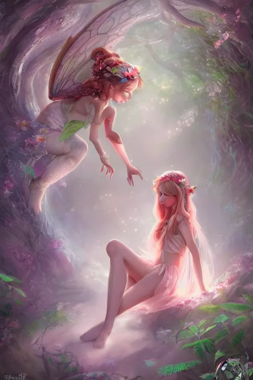 Image similar to a cute fairy in the dreamy forest, fantasy, 8 k resolution, hyper detailed, d & d, character design, digital painting, trending on artstation, sharp focus, illustration, art by artgerm, steve zheng, fuji choko, viktoria gavrilenko, hoang lap