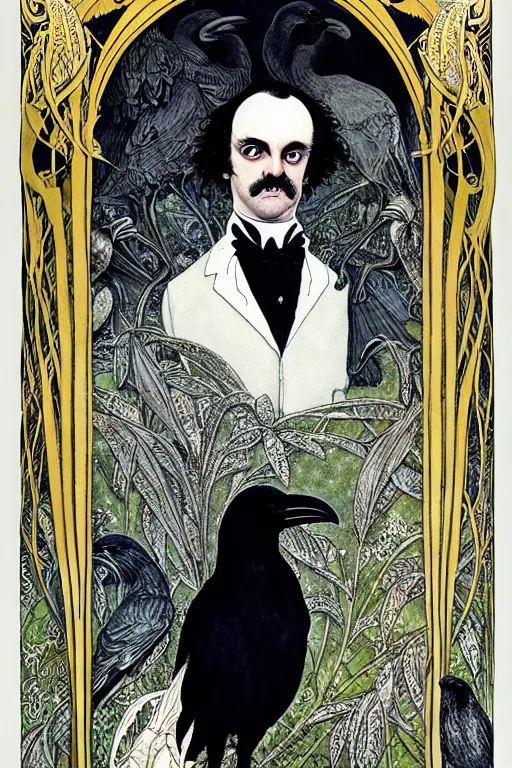 Prompt: realistic portrait of edgar allen poe in the center of an ornate white lily flower frame with ravens, detailed art by kay nielsen and walter crane, illustration style, watercolor