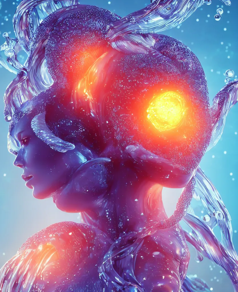 Image similar to close-up macro portrait of the face of a beautiful princess, epic angle and pose, symmetrical artwork, 3d with depth of field, blurred background, cybernetic jellyfish female face skull phoenix bird, translucent, nautilus, energy flows of water and fire. a highly detailed epic cinematic concept art CG render. made in Maya, Blender and Photoshop, octane render, excellent composition, cinematic dystopian brutalist atmosphere, dynamic dramatic cinematic lighting, aesthetic, very inspirational, arthouse. y Greg Rutkowski, Ilya Kuvshinov, WLOP, Stanley Artgerm Lau, Ruan Jia and Fenghua Zhong