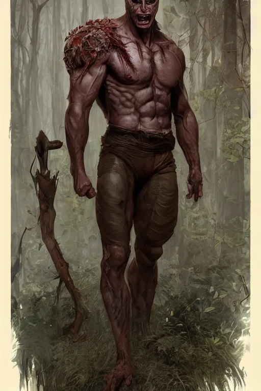 Image similar to portrait of dwight from dead by daylight as a herculian man, forest, full body, muscular, fantasy, intricate, elegant, highly detailed, digital painting, artstation, concept art, sharp focus, illustration, art by artgerm and greg rutkowski and alphonse mucha