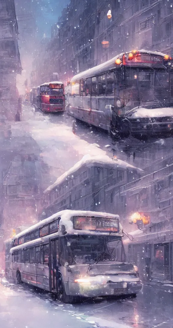 Image similar to A bus in a snowy city, bright, pretty, by Studio Ghibli and Greg Rutkowski, artstation