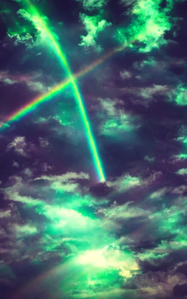 Prompt: dark night dramatic airbrushed clouds over black background, light gleams and beams, little green flares, dim rainbow in the distance, photography fantasy, realistic