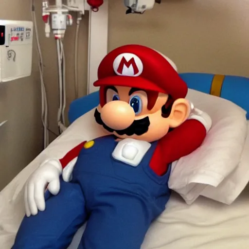 Prompt: super mario sleeping in a hospital bed