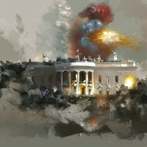 Image similar to the white house being exploded, tragic, beautiful, craig mullins, historic