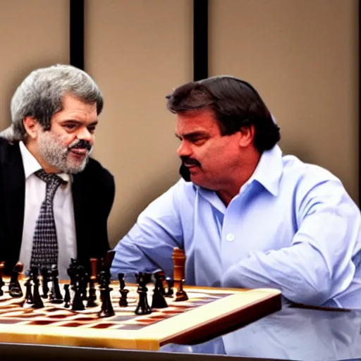 Image similar to photo of luis inacio lula da silva and jair bolsonaro playng chess, detailed 4 k