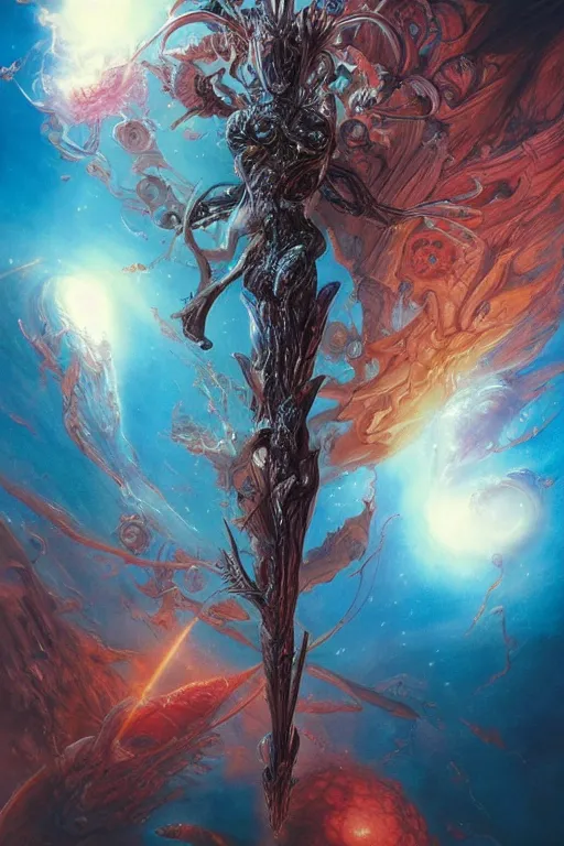 Image similar to now is the time to relaunch the dream weapon, by artgerm and yoshitaka amano and moebius and hr giger and zdislaw beksinski, hyperdetailed, surreal, dc comics, ornate, stunning, nebula, explosions in the sky, trending on artstation