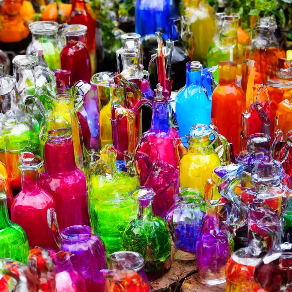 Image similar to colorful potions at the harvest festival, hyper realistic, 8 k