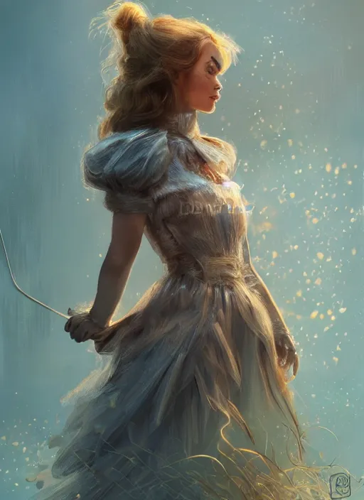 Prompt: beautiful female dorothy gale, margot robbie as dorothy, full body character concept, armor, super powers, fantasy, intricate, elegant, highly detailed, digital painting, artstation, concept art, shining, sharp focus, illustration, art by stanley lau