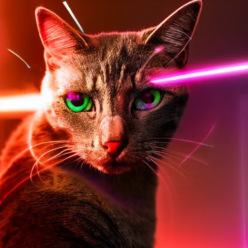 Prompt: Still of a mechanical chrome metallic cat with glowing red eyes staring at the camera, red lens flare