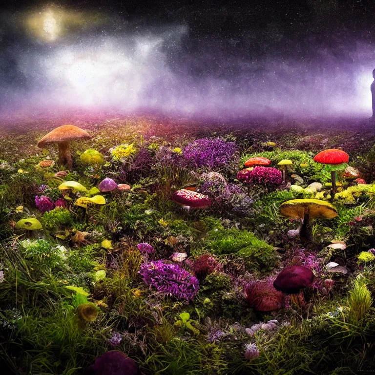 Image similar to a planet of various fungus, mushrooms, flowers and plants, inside the picture is infinity, Atmospheric, artistic photography, conceptual, long exposure outside the city, volumetric light