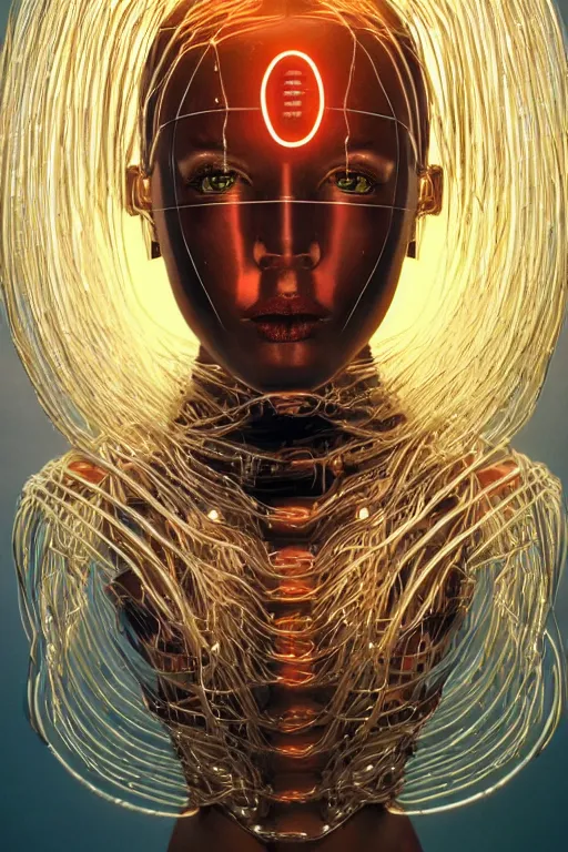 Prompt: organic cyborg head wrapped in barb wire lasers by Hajime Sorayama and Jamie Coreth, trending on artstation, centered, symmetrical, rim lighting, electric hair, bilateral symmetry, 80s poster, polished, thick smoke, retro dark vintage sci-fi, 2D matte illustration