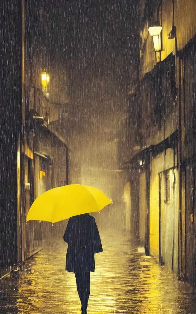 Image similar to a woman holding a yellow umbrella walking on the wet street on a rainy night in a fukuoka alley way by wes anderson and makoto shinkai. dramatic lighting. cel shading.