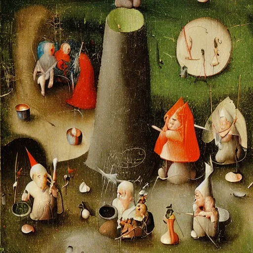 Image similar to Garden of Gnomes' Delights, detailed oil painting by hieronymus bosch