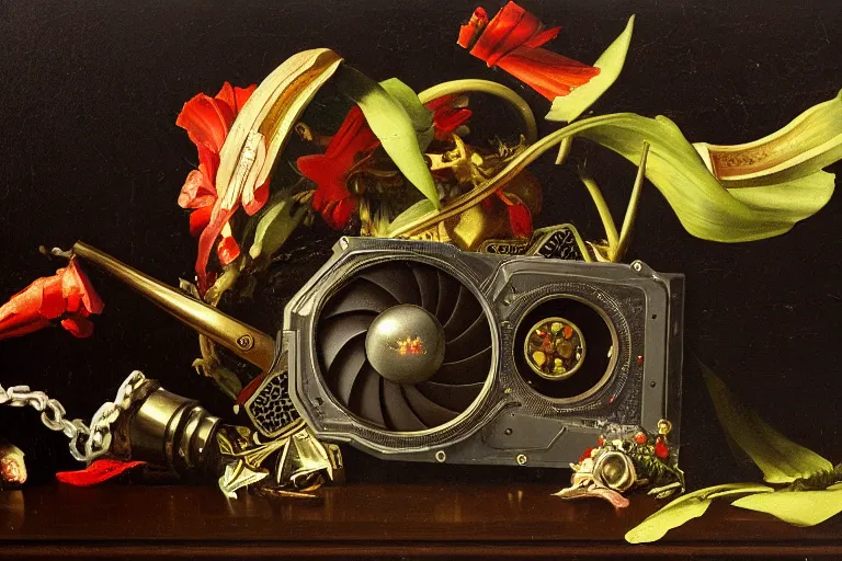 Image similar to a vanitas painting depicting an NVIDIA RTX A100 GPU, graphics card