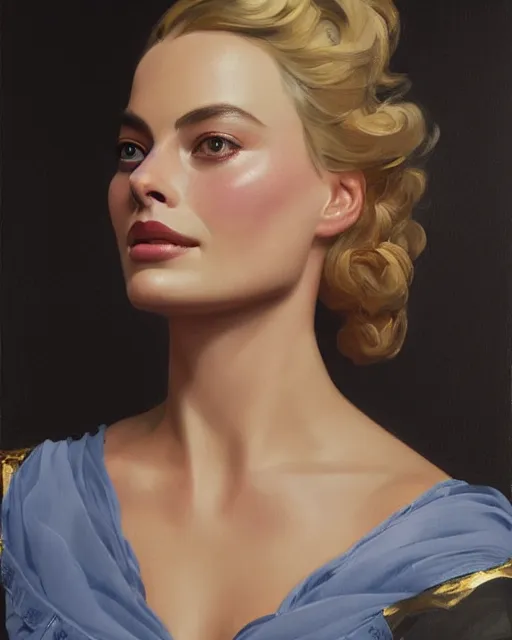 Prompt: Margot Robbie, oil on canvas, artstation, by J. C. Leyendecker and Edmund Blair Leighton and Charlie Bowater, octane