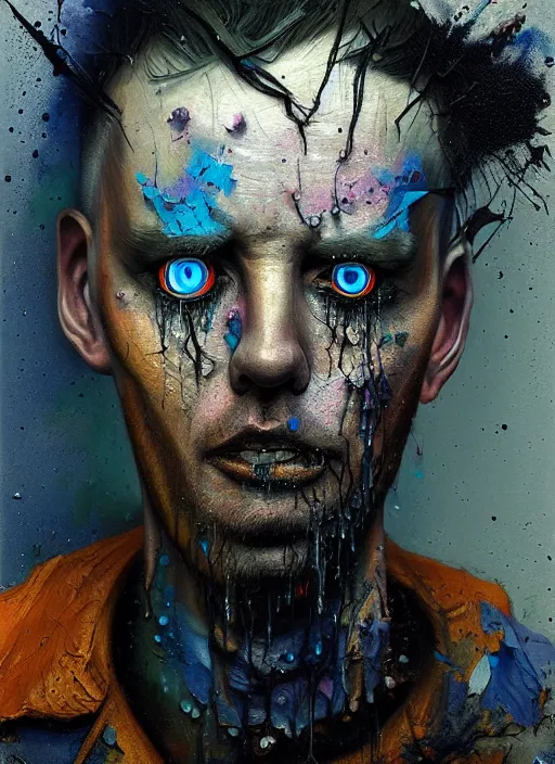 Prompt: gediminas pranckevicius photoreal colorful gouache impasto portrait of rebel punk!!!! by nicola samori and russ mills, blue glowing aggressive led eyes, zbrush, greeble skin, dripping color, octane render