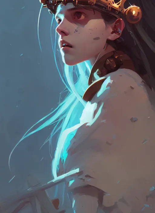 Image similar to portrait of cute maiden girl with crown of thorns, warhammer, cyberpunk, by atey ghailan, by greg rutkowski, by greg tocchini, by james gilleard, by joe fenton, by kaethe butcher, dynamic lighting, gradient light blue, brown, blonde cream and white color in scheme, grunge aesthetic