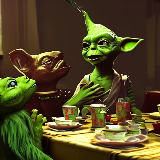 Prompt: green johnny dep with yoda ears at a tea party with c 3 po, greg rutkowski and jason chan highly detailed cinematic lighting octane render unreal engine