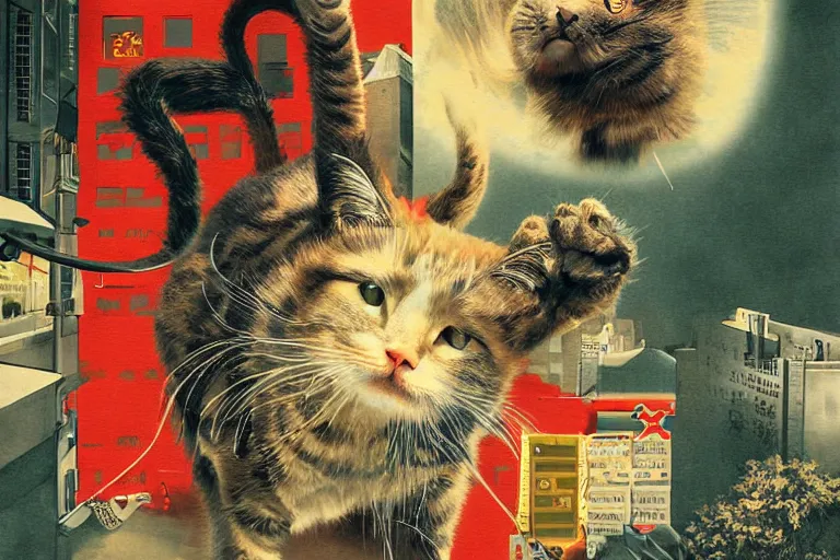 Image similar to cat attacking Tokyo, Swiss design movie poster, masterpiece, masterwork, cgstudio