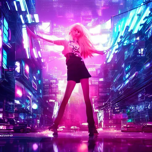 Prompt: a girl like (yoona, Elle Fanning), dancing, background cyberpunk city, kpop, fullshot, photo, volumetric lighting, epic composition, intricate details, dark neon punk, by KDA