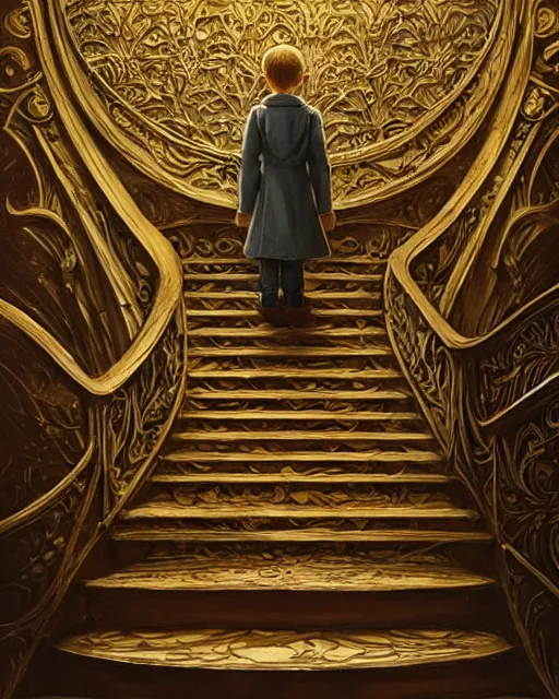 Image similar to the little prince on staircase at livraria lello, real life skin, intricate, highly detailed, artstation, concept art, smooth, sharp focus, art by artgerm and greg rutkowski