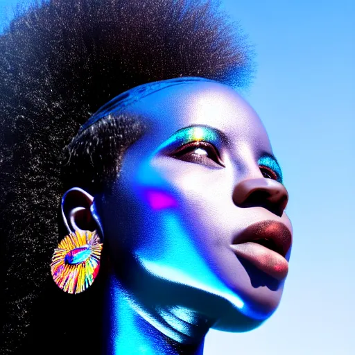 Image similar to portrait of iridescent metalic face, african woman, reflections, proud looking, outdoor, blue sky, 8 k, realistic, depth of field, highly detailed, art photography