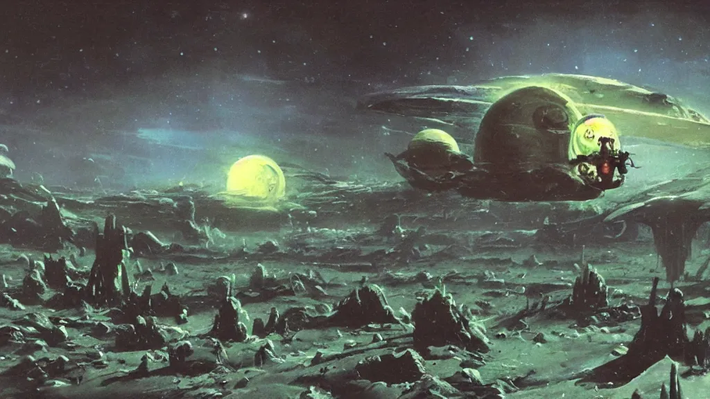 Image similar to eerie atmospheric alien planet with a small dropship pod landing by paul lehr and jack gaughan and john schoenherr, epic cinematic matte painting