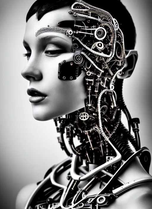 Image similar to a stunning young female cyborg profile face, face is made intricate tribal bio - mechanical, editorial photography, bw, shot on 7 0 mm, depth of field, f / 2. 8, high contrast, 1 6 k, rays of shimmering light, volumetric lighting, shiny, insanely detailed and intricate, hypermaximalist, elegant, ornate, hyper realistic, super detailed