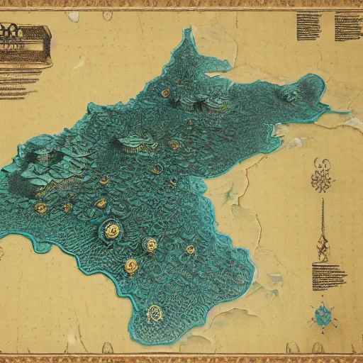 Prompt: an exquisite 3 d map of the kingdom of samantia, black and teal paper, intricate, highly detailed, epic, infographic, marginalia, unreal engine